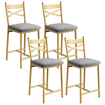 Garvee Conjunto de 4 Taburetes de Bar Tapizados, Altura de Mostrador, Respaldo Ergonómico, Reposapiés, Espuma Densa, Estructura Metálica Dorada Para Cocina o Isla
