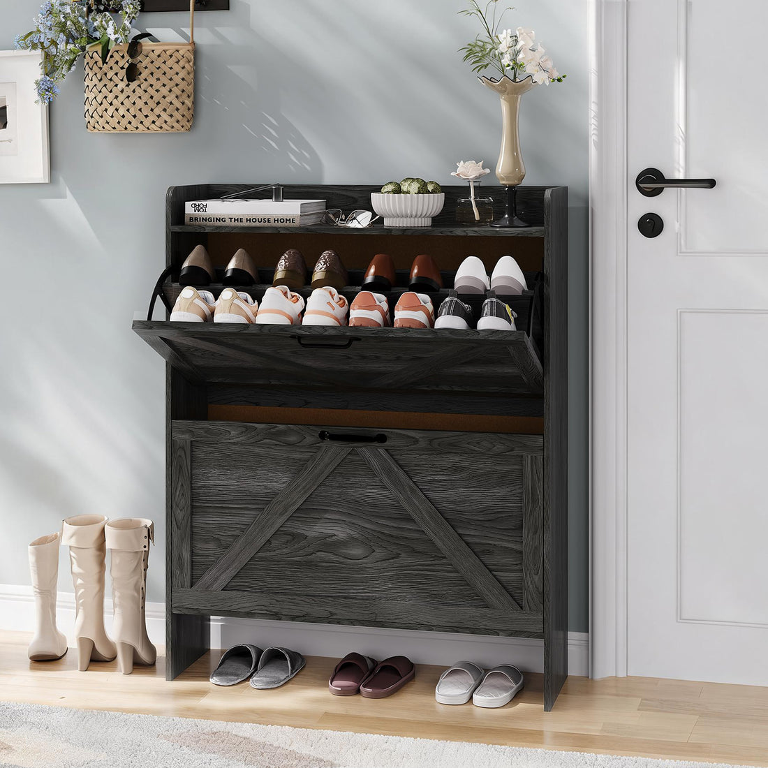 Garvee Zapatero Estrecho de Recibidor con 2 Cajones Abatibles Organizador de Zapatos Oculto de Madera MDF y Patas Metálicas Mueble Estilo Rústico, Negro