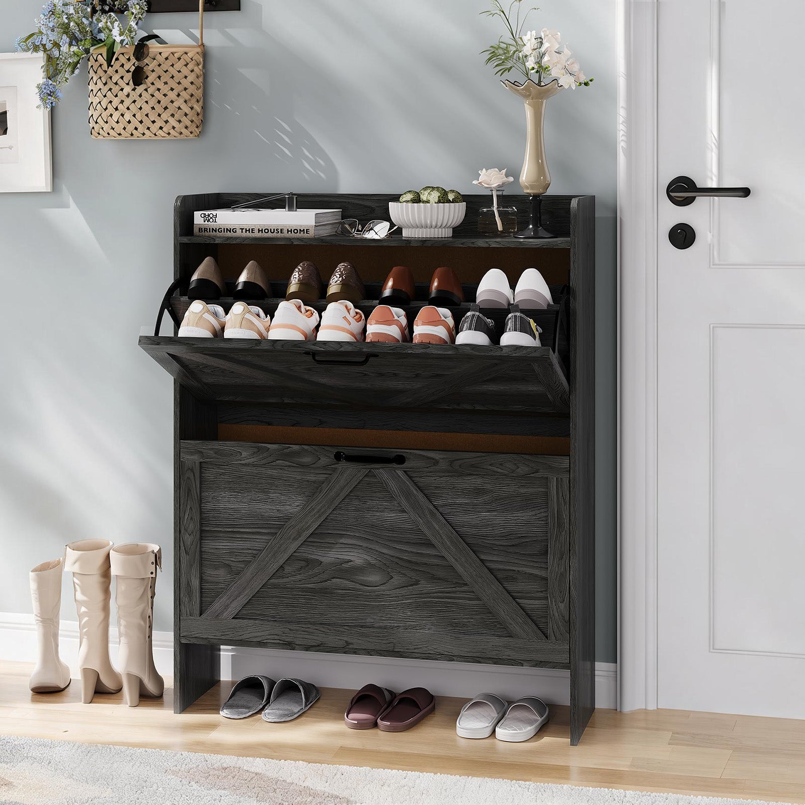 Garvee Zapatero Estrecho de Recibidor con 2 Cajones Abatibles Organizador de Zapatos Oculto de Madera MDF y Patas Metálicas Mueble Estilo Rústico, Negro