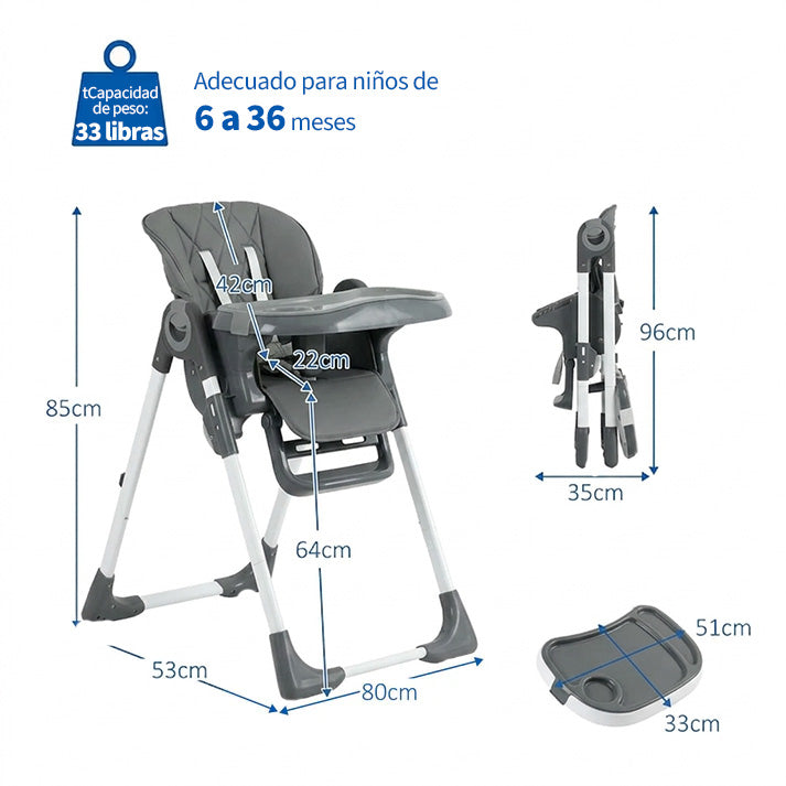 Garvee Kinderhochstuhl YB-H22, Silla Alta Plegable para Niños, Compacto y Estable, Gris, Ideal para Hogar y Viajes