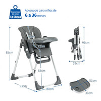 Garvee Kinderhochstuhl YB-H22, Silla Alta Plegable para Niños, Compacto y Estable, Gris, Ideal para Hogar y Viajes