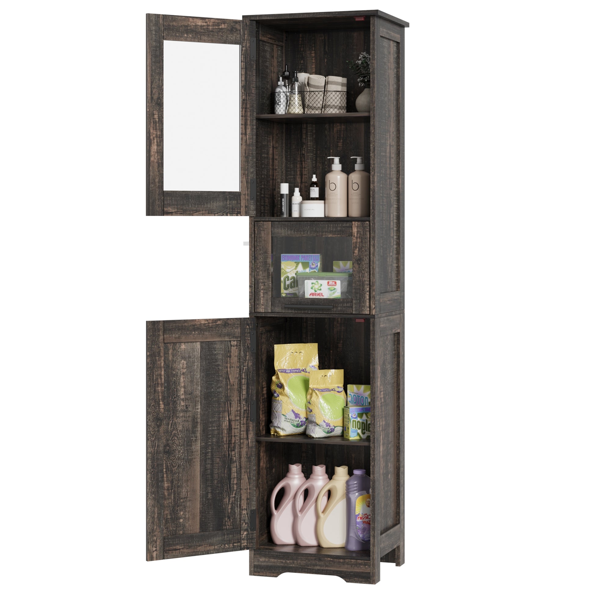 Garvee Armario Alto 170 cm Madera MDF Puerta Vidrio Templado Para Baño Cocina Diseño Compacto Blanco