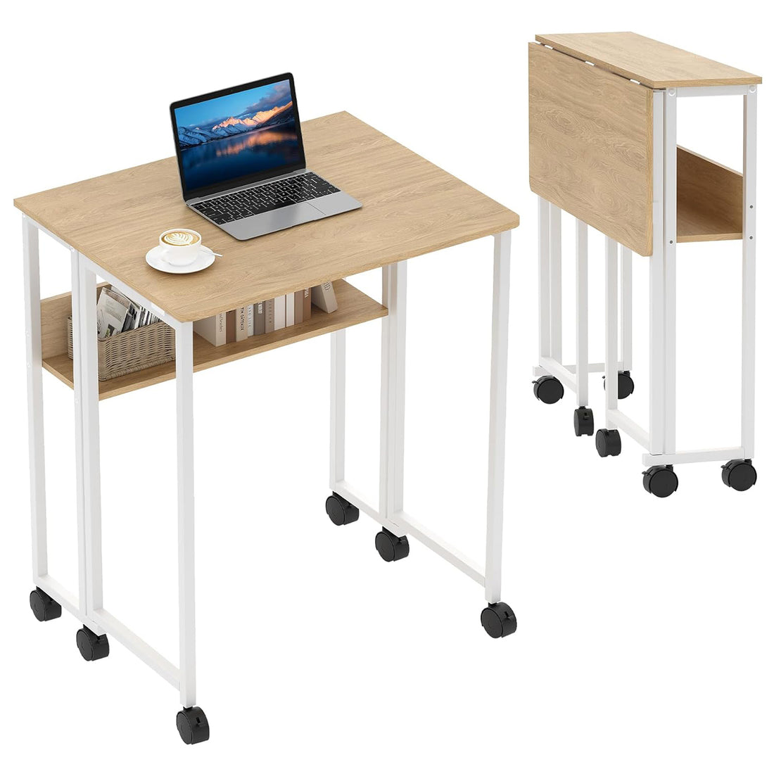 Garvee Escritorio Plegable con Ruedas y Estante de Almacenamiento de 63x50x75 cm, Mesa de Ordenador Compacta de Madera Natural y Acero