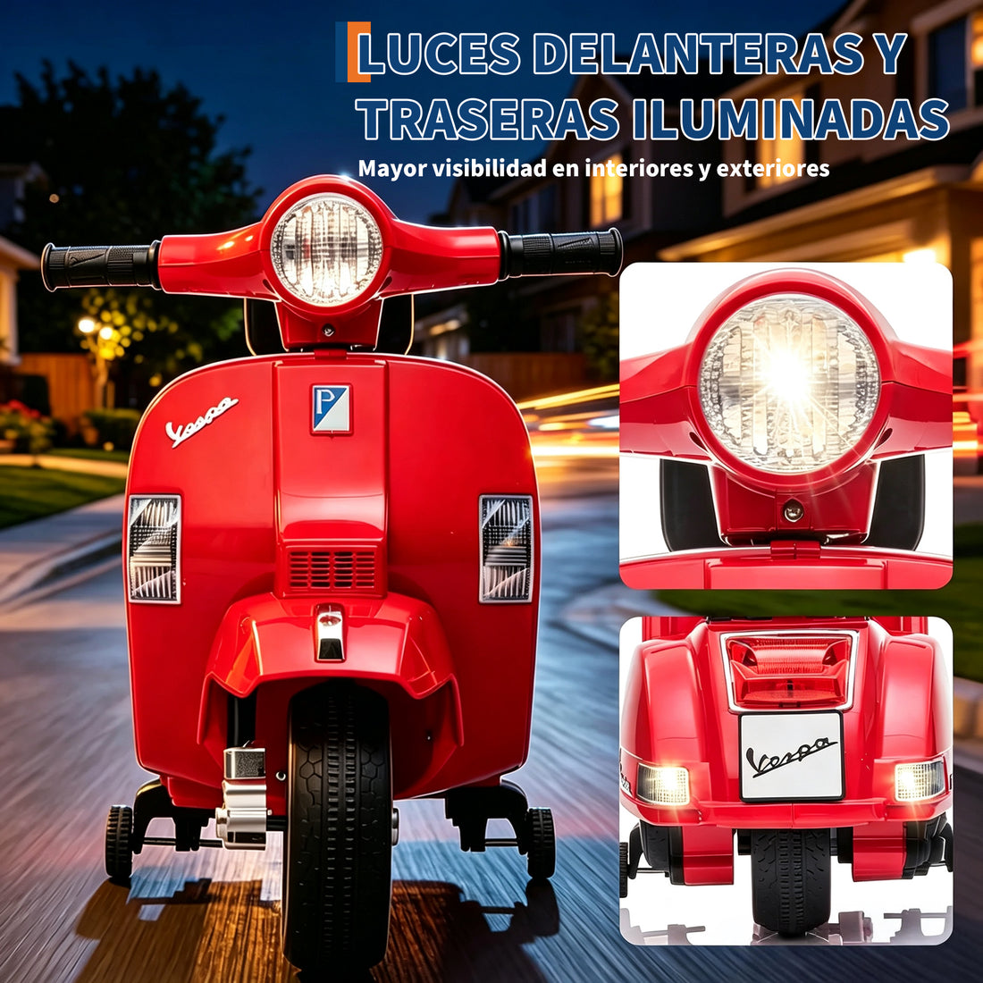 Garvee Moto Eléctrica Infantil Estilo Vespa con Licencia Oficial, Faros LED, Música y Ruedas de Apoyo, Batería 6 V 4,5 Ah, Motor 25 W, Carga Máxima 25 kg, Rojo