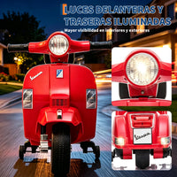 Garvee Moto Eléctrica Infantil Estilo Vespa con Licencia Oficial, Faros LED, Música y Ruedas de Apoyo, Batería 6 V 4,5 Ah, Motor 25 W, Carga Máxima 25 kg, Rojo