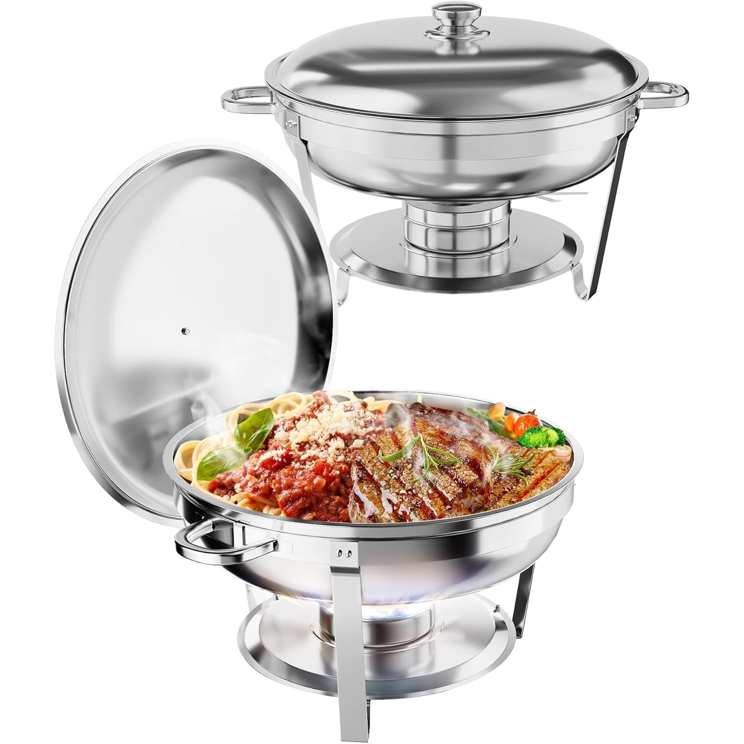 Garvee Set Buffet Redondo 2-Pack 4.7L Acero Inoxidable con Bandejas y Marco Plegable para Catering y Eventos, Durable y Versátil, Plateado