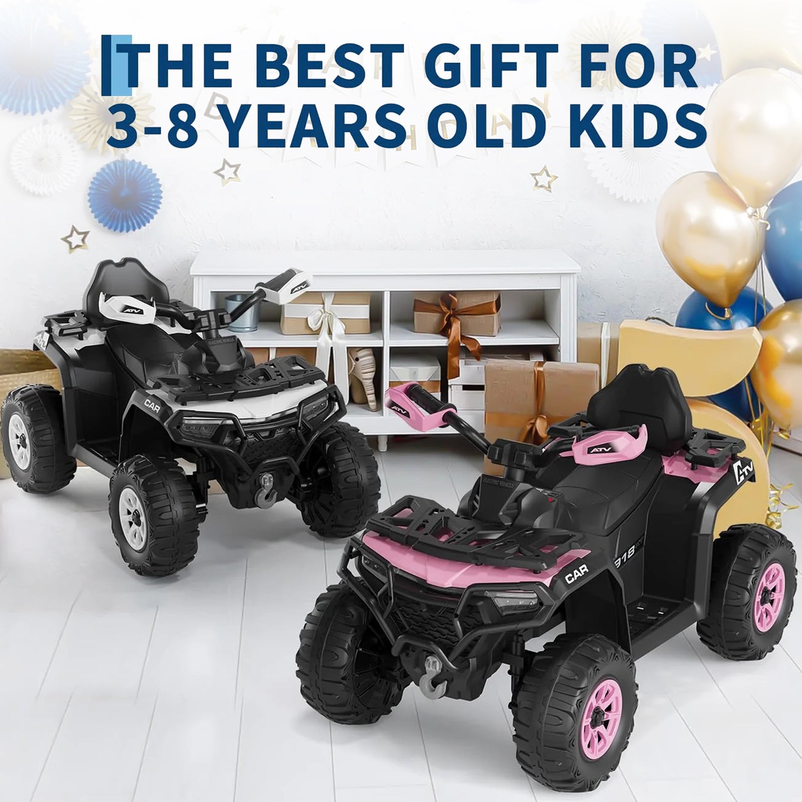 Garvee Quad Eléctrico 12V, 2 Motores, Suspensión, LED, Bluetooth, Música, USB, Control Parental, ATV Offroad, 3-8 años, Exterior, Blanco