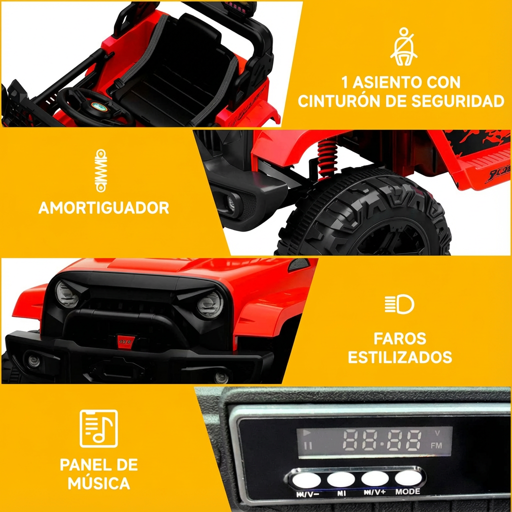 Garvee Coche Eléctrico 12V, Control Remoto, Suspensión, Luces LED, 2 Velocidades, Seguridad, 3-6 años, Interior y Exterior, Rojo