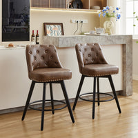 Garvee Taburetes de Bar Giratorios Modernos con Respaldo, Asiento Acolchado de Cuero, Patas de Madera Sólida, Altura 66 cm para Cocina y Bar en Casa, Diseño con Tachuelas, Negro