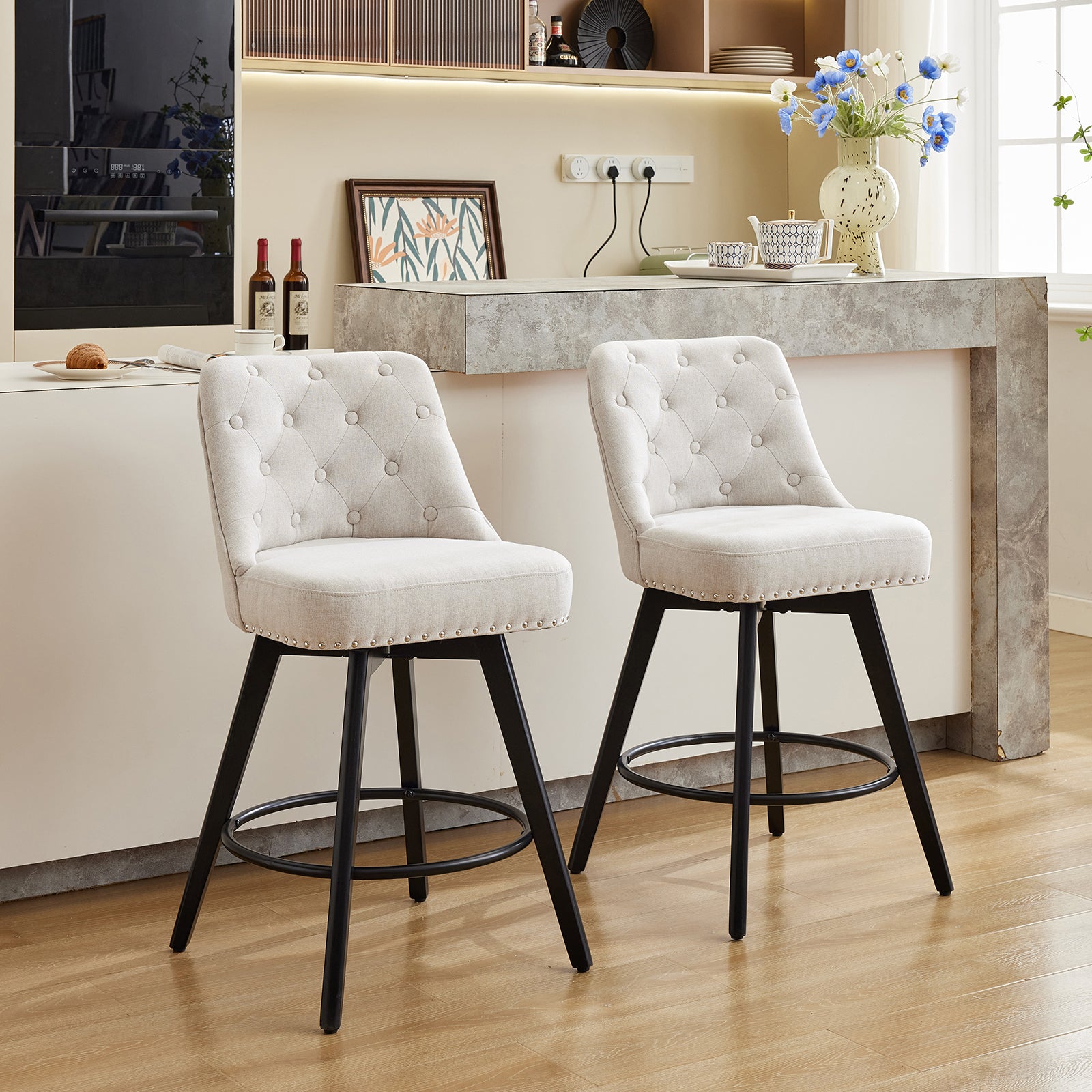 Garvee Taburetes De Bar Giratorios Modernos Con Respaldo Acolchado Patas De Madera Beige 26 In Para Cocina Y Bar En Casa