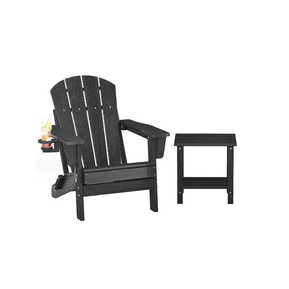 Garvee Silla Adirondack Plegable de HDPE con Textura de Madera Grabada, Portavasos y Mesa Auxiliar, 172 kg, para Jardín y Fogata, Negro