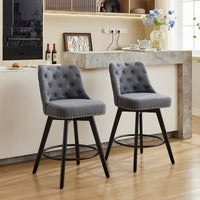 Garvee Taburetes de Bar Modernos Giratorios con Respaldo, Asiento Acolchado de Lino Gris, Patas de Madera Sólida, Altura 66 cm para Cocina y Bar en Casa