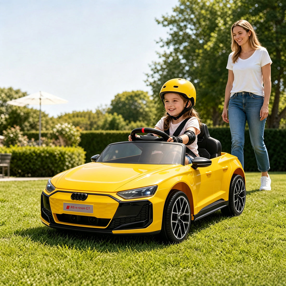 Garvee Coche Eléctrico Infantil Deportivo Licencia Audi Batería 12V Mando a Distancia 2.4 GHz Luces LED y Arranque Suave Amarillo