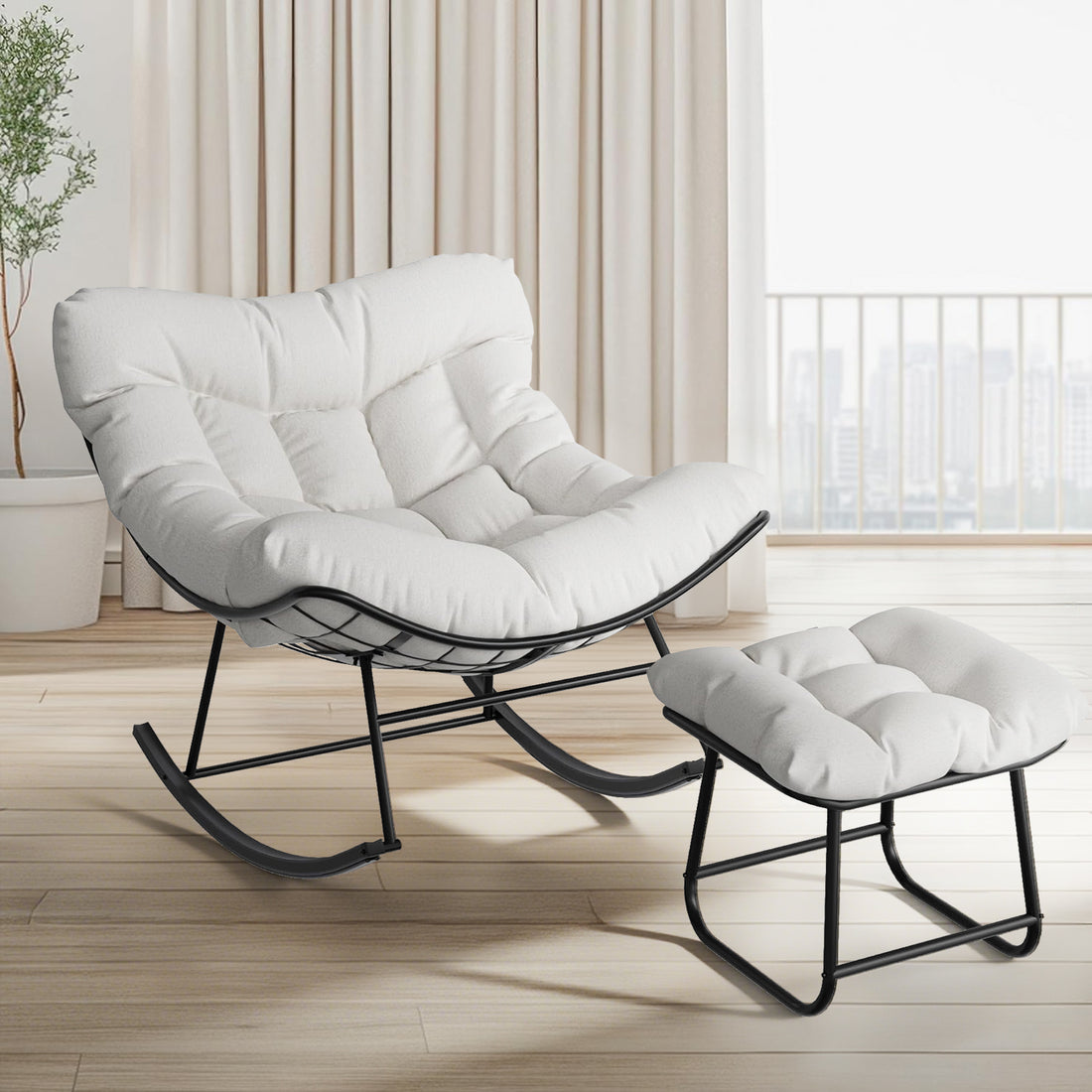 Garvee Silla Mecedora de Patio Grand con Reposapiés Acero Resistente Cojín Cómodo para Balcón y Porche