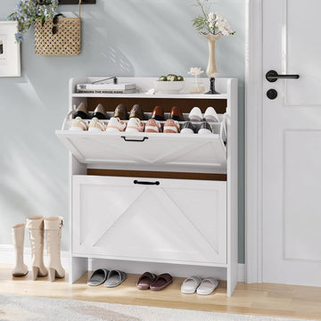 Garvee Zapatero Estrecho de Recibidor con 2 Cajones Abatibles Organizador de Zapatos Oculto de Madera MDF y Patas Metálicas Mueble Estilo Rústico, Blanco