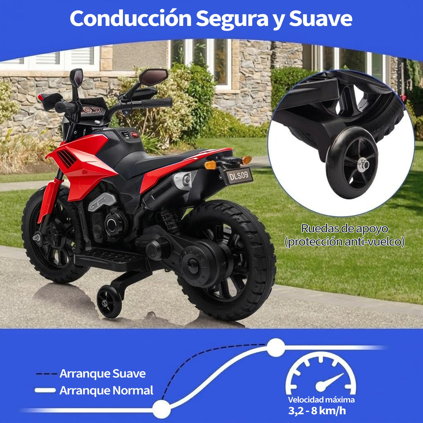 Garvee Moto Eléctrica Infantil 6V 4Ah, 3 Velocidades, Ruedas de Apoyo, Faros LED y Música, para Niños de 3 a 6 Años, 25 kg, Rojo