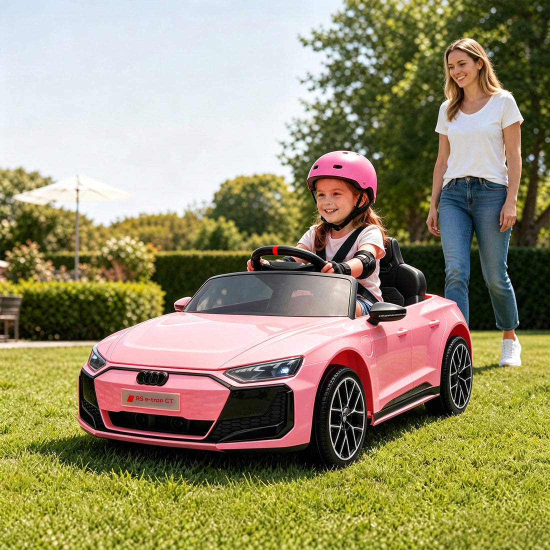 Garvee Coche Eléctrico Infantil de 12 V 4,5 Ah con Licencia Audi, Doble Modo de Conducción con Mando a Distancia, Cinturón de Seguridad, Música por USB y Doble Motor 390, Estándar EU, Rosa