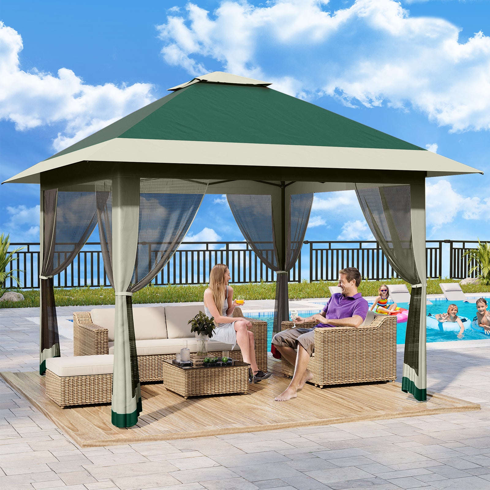Garvee Gazebo Plegable de 396 x 396 cm con Mosquitera Perimetral y Estructura Reforzada, Protección UV 99%, Verde y Gris