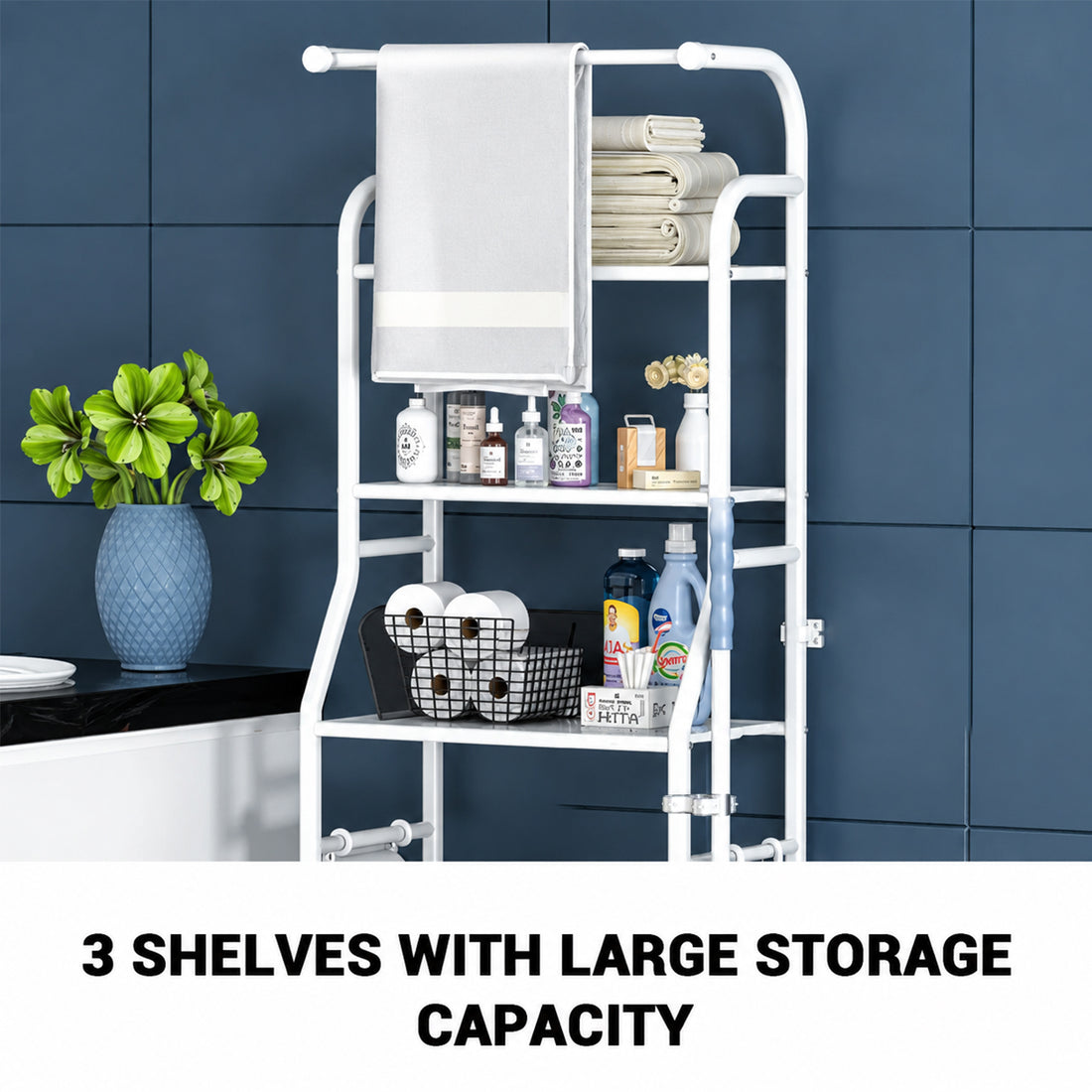 Garvee Estantería de Almacenaje para Inodoro y Baño, Ahorro de Espacio con 3 Niveles, Estructura de Acero al Carbono Resistente y Estable, 46 x 25 x 157 cm, Blanco