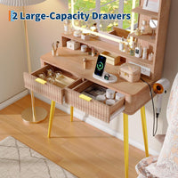 Garvee Tocador de Maquillaje 79cm con Espejo LED, 2 Cajones y Armario, Incluye Estación de Carga con Enchufe Europeo, Madera Natural