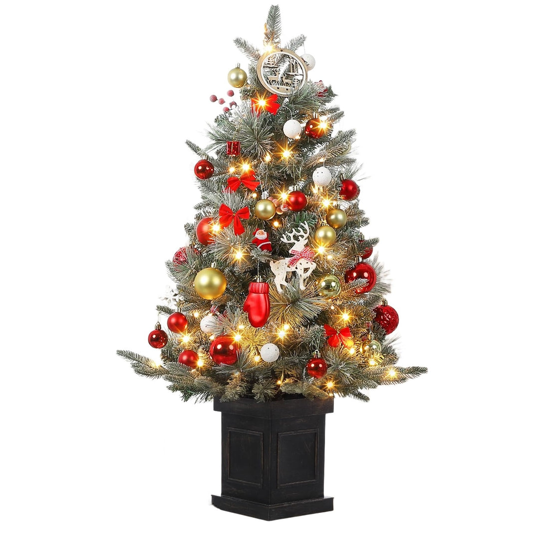 Garvee Árbol Artificial de Navidad 90cm 78 LEDs Cálidos Base Vintage Estable Interior Verde Rojo