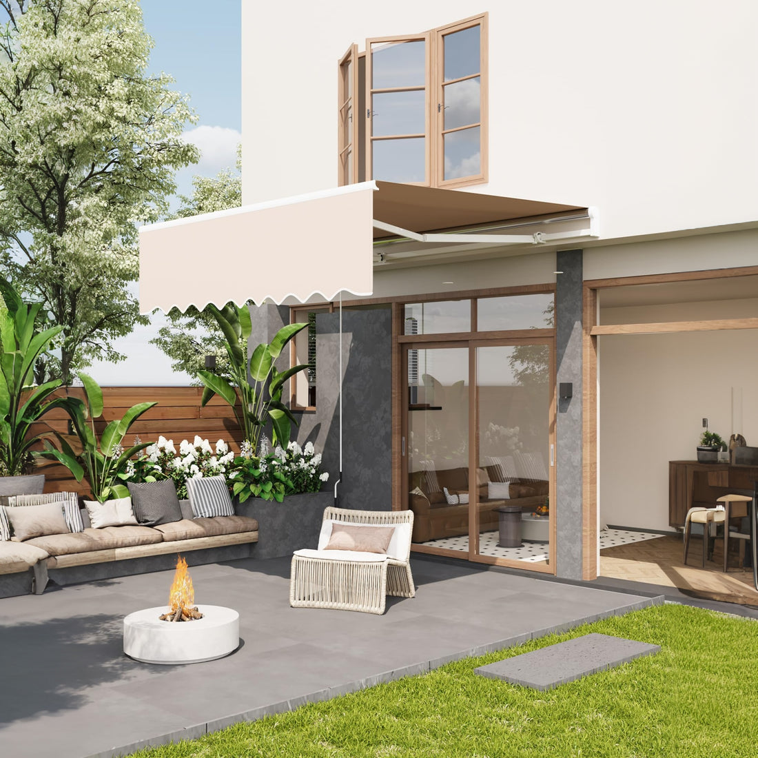 Garvee Toldo Retráctil Manual 300x240 cm para Patio y Terraza, Marco de Aluminio, Lona Impermeable 280g/m² con Protección UV50+ y Manivela, Caqui