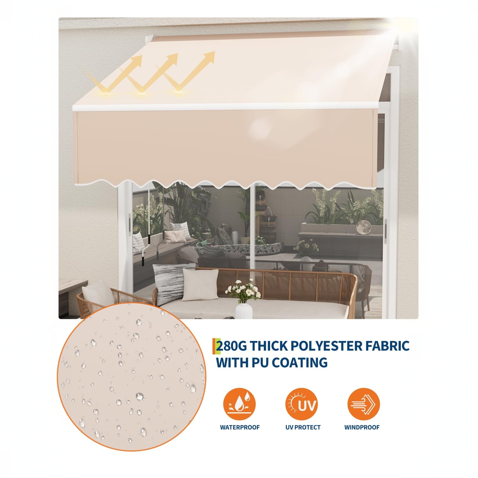 Garvee Toldo Retráctil Manual 300x240 cm para Patio y Terraza, Marco de Aluminio, Lona Impermeable 280g/m² con Protección UV50+ y Manivela, Caqui