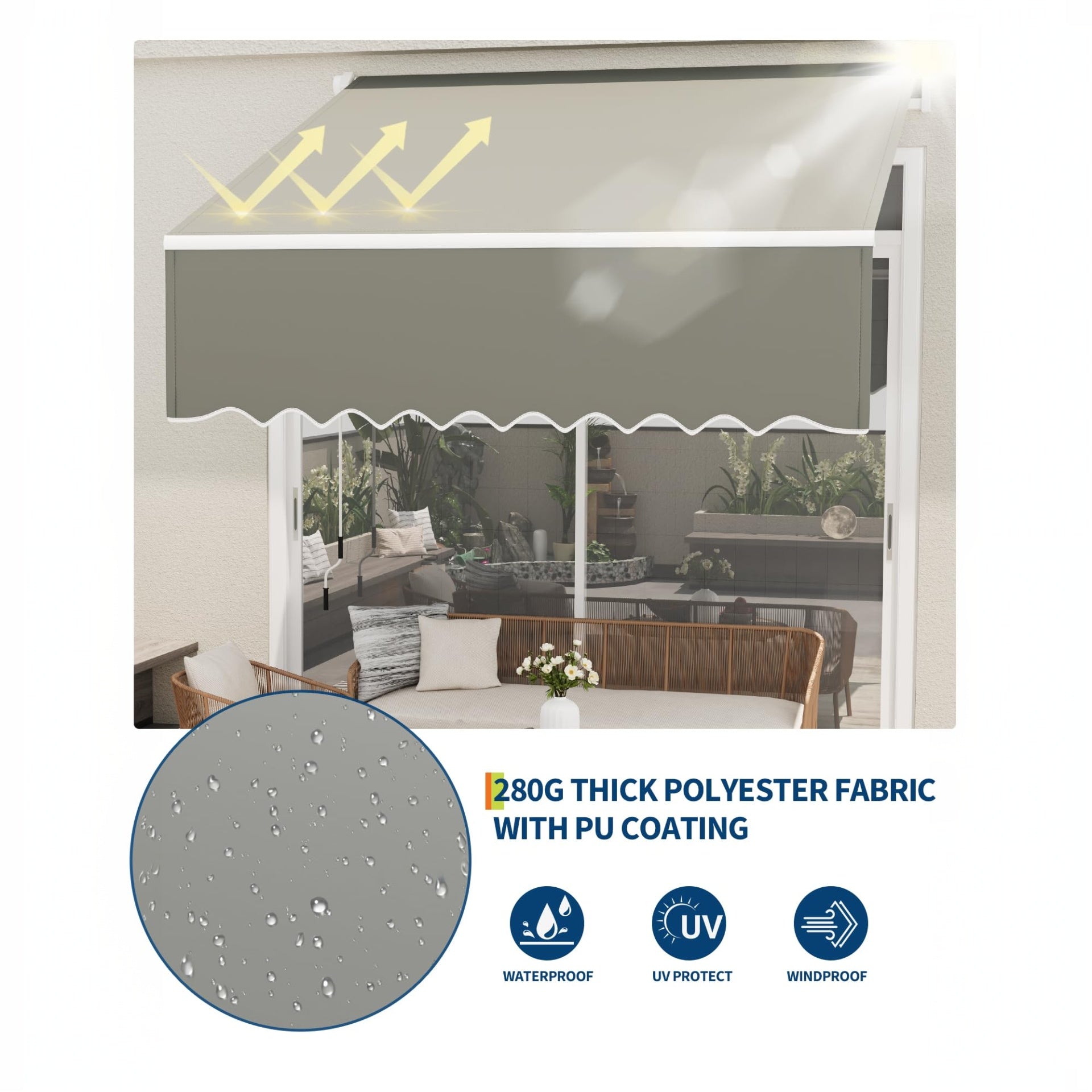 Garvee Toldo Retráctil Manual 3x2.5m para Terraza y Jardín, Toldo Exterior Impermeable con Protección UV y Manivela, Aluminio Reforzado Color Gris