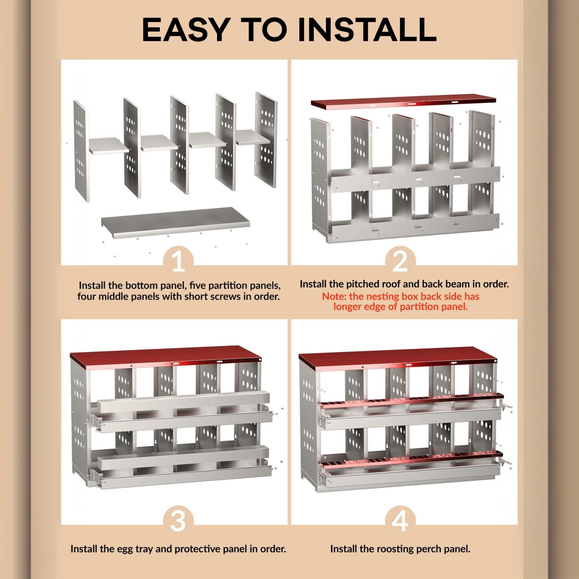 Garvee Caja de Nido para Pollos 2 Capas 8 Compartimentos, Acero Galvanizado, Con 8 Huevos Falsos, Bandeja Recolección Barra Posadero, Antióxido Gallineros, Rojo