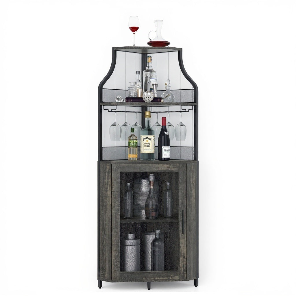 Garvee Mueble Esquinero para Vino de Hierro y PB, Estante Desmontable con Soporte para Copas, Antióxido, 46.99x34.04x152.4cm, Cocina y Sala, Color Quemado