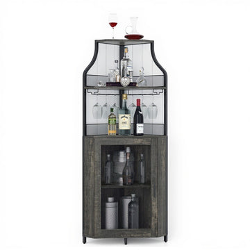 Garvee Mueble Esquinero para Vino de Hierro y PB, Estante Desmontable con Soporte para Copas, Antióxido, 46.99x34.04x152.4cm, Cocina y Sala, Color Quemado