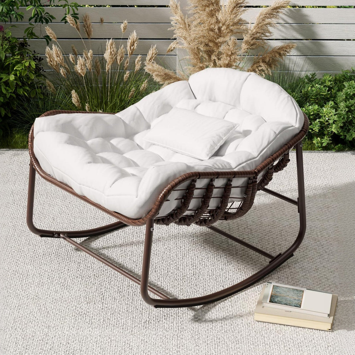 Garvee Silla Mecedora Interior/Exterior Silla Huevo de Ratán Royal Cómoda Sobredimensionada con Cojín Acolchado Olefina Resistente Jardín Porche