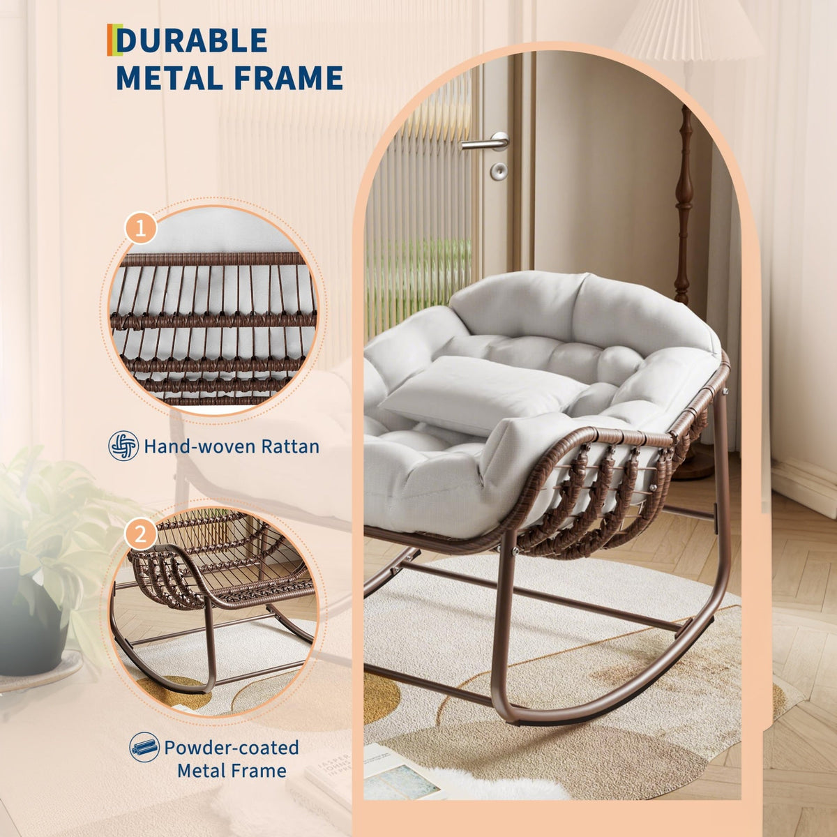 Garvee Silla Mecedora Interior/Exterior Silla Huevo de Ratán Royal Cómoda Sobredimensionada con Cojín Acolchado Olefina Resistente Jardín Porche