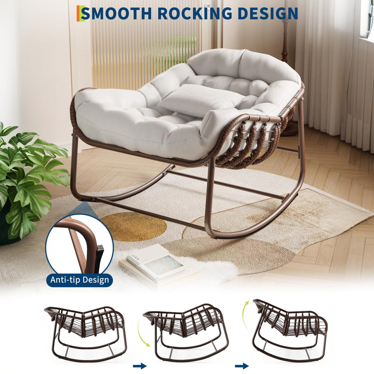 Garvee Silla Mecedora Interior/Exterior Silla Huevo de Ratán Royal Cómoda Sobredimensionada con Cojín Acolchado Olefina Resistente Jardín Porche