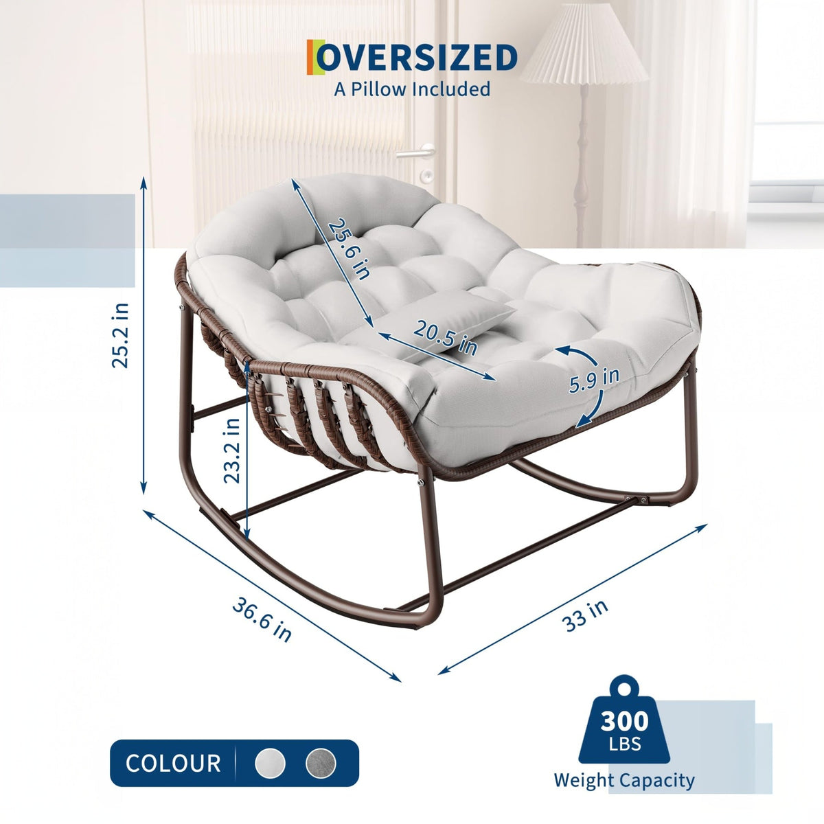 Garvee Silla Mecedora Interior/Exterior Silla Huevo de Ratán Royal Cómoda Sobredimensionada con Cojín Acolchado Olefina Resistente Jardín Porche