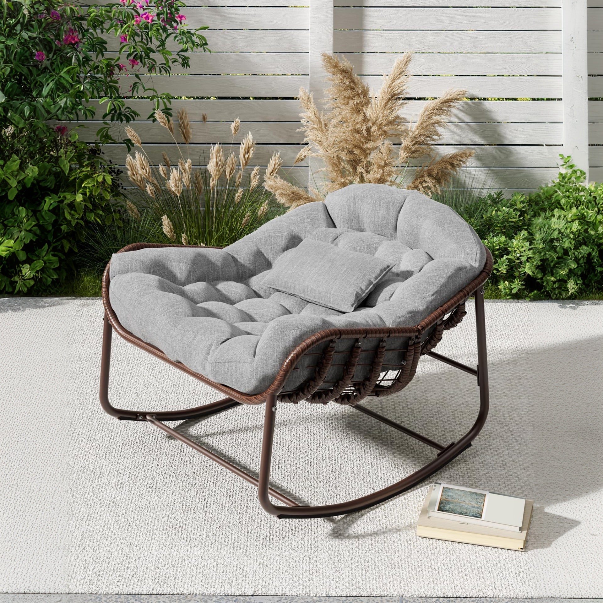 Garvee Schaukelstuhl Papasan Exterior, Silla Colgante Grande, Cojín Acolchado, Acero E-Pulverizado, Para Jardín y Terraza, Diseño Ergonómico, Color Neutro