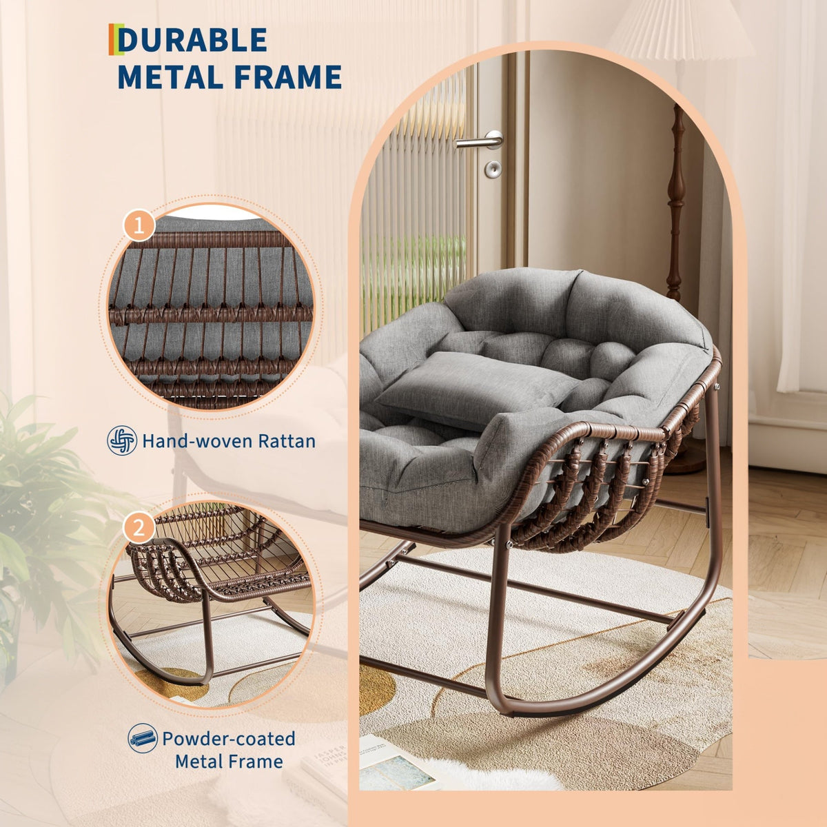 Garvee Silla Mecedora Interior/Exterior Sillón Huevo de Ratán Real con Cojín Acolchado para Jardín y Patio, Gran Espacio, Material Olefina Resistente, Relajante, Marrón