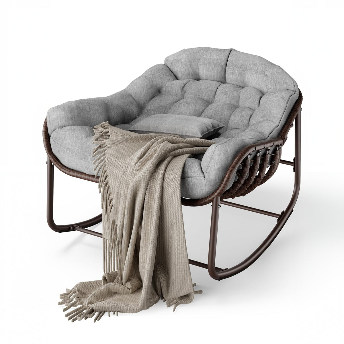 Garvee Silla Mecedora Interior/Exterior Sillón Huevo de Ratán Real con Cojín Acolchado para Jardín y Patio, Gran Espacio, Material Olefina Resistente, Relajante, Marrón
