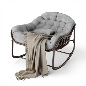 Garvee Silla Mecedora Interior/Exterior Sillón Huevo de Ratán Real con Cojín Acolchado para Jardín y Patio, Gran Espacio, Material Olefina Resistente, Relajante, Marrón