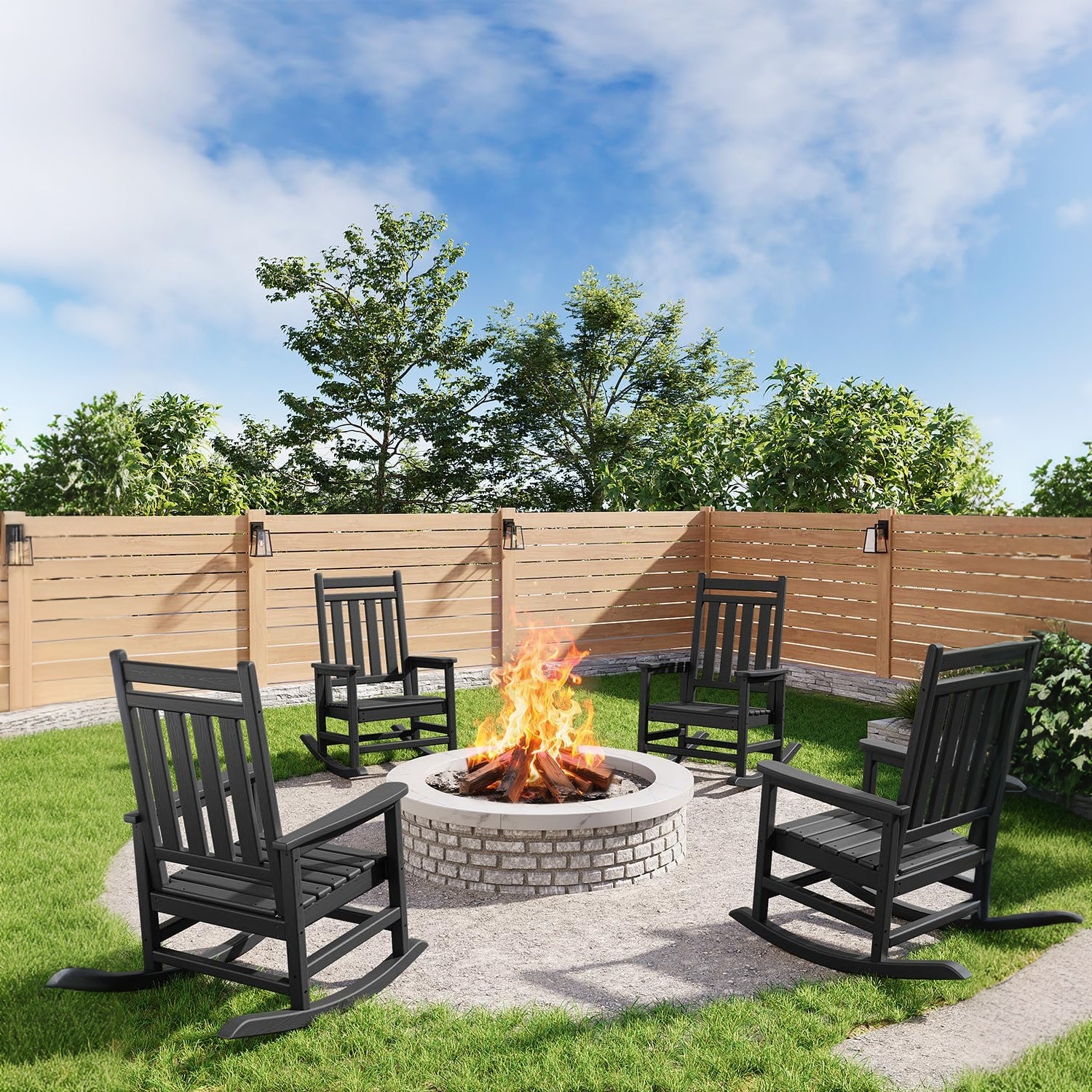 Garvee Silla Mecedora Adirondack de HDPE, Sillón de Jardín Resistente a la Intemperie con Respaldo Alto y Textura de Madera, Capacidad 172 kg Negro