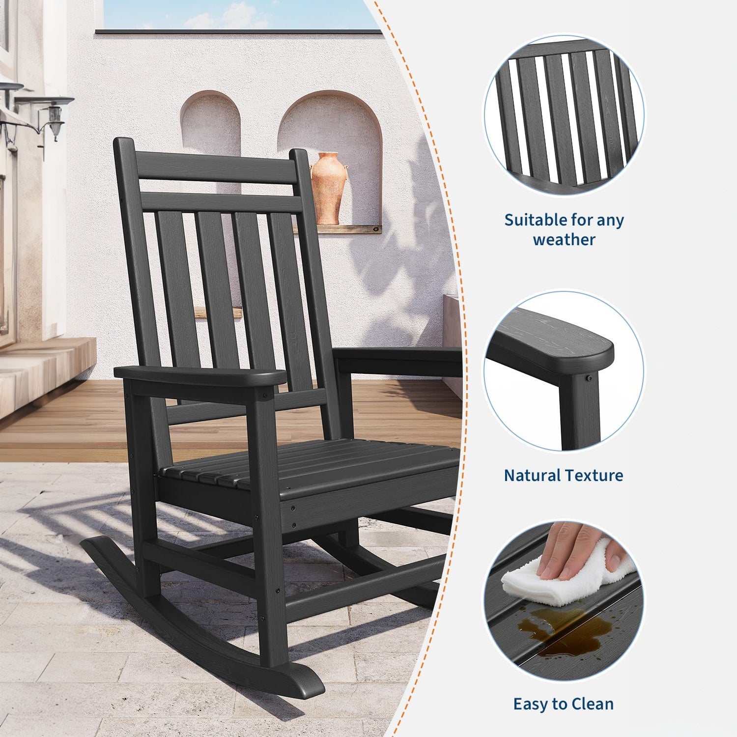 Garvee Silla Mecedora Adirondack de HDPE, Sillón de Jardín Resistente a la Intemperie con Respaldo Alto y Textura de Madera, Capacidad 172 kg Negro