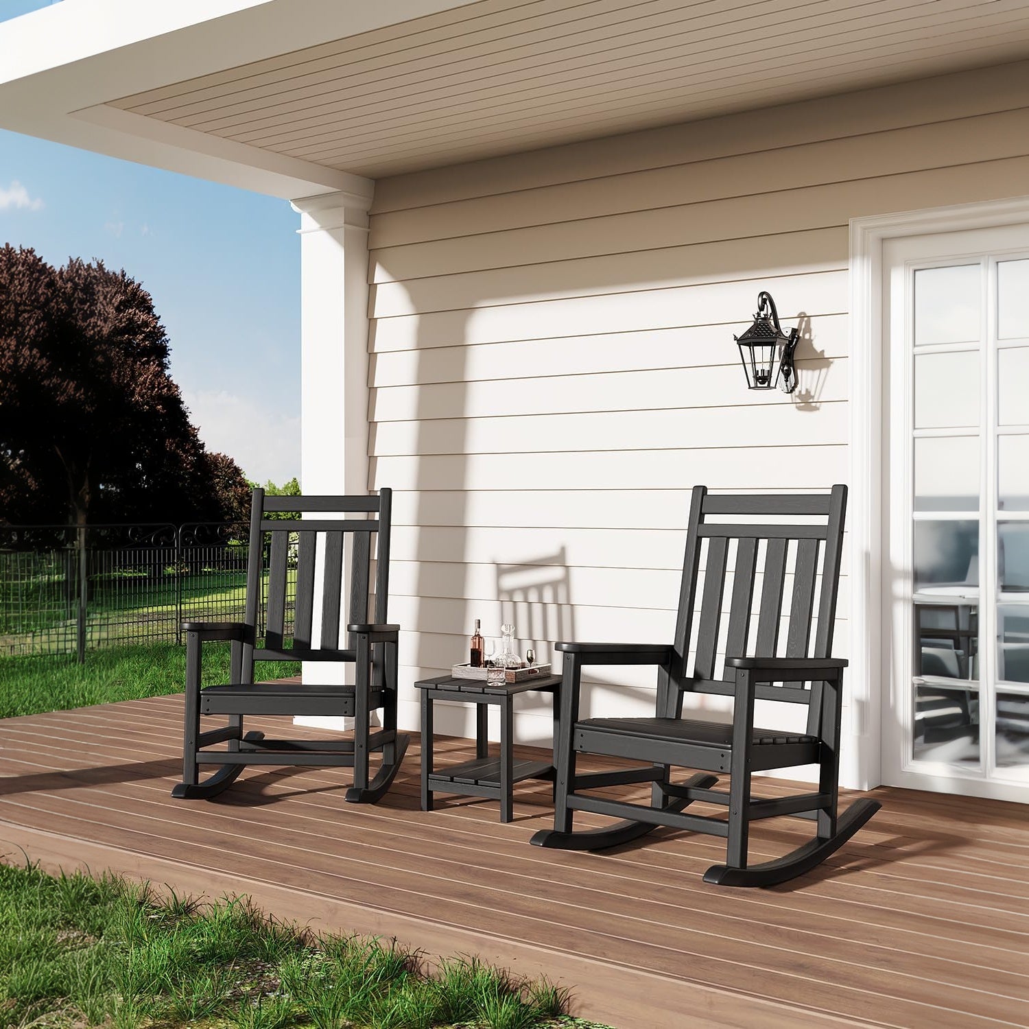 Garvee Silla Mecedora Adirondack de HDPE, Sillón de Jardín Resistente a la Intemperie con Respaldo Alto y Textura de Madera, Capacidad 172 kg Negro