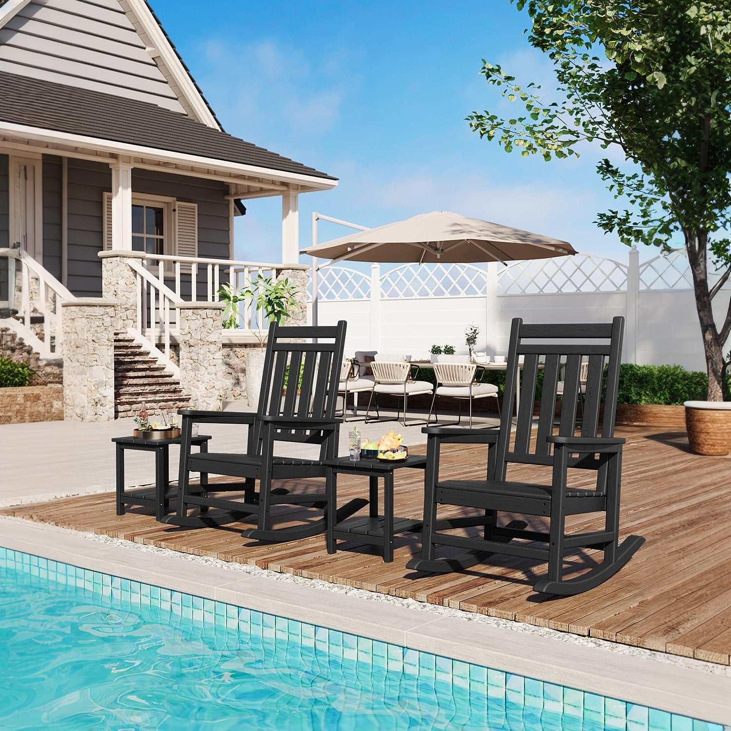 Garvee Silla Mecedora Adirondack de HDPE, Sillón de Jardín Resistente a la Intemperie con Respaldo Alto y Textura de Madera, Capacidad 172 kg Negro