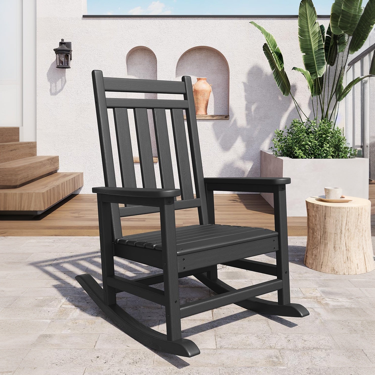 Garvee Silla Mecedora Adirondack de HDPE, Sillón de Jardín Resistente a la Intemperie con Respaldo Alto y Textura de Madera, Capacidad 172 kg Negro