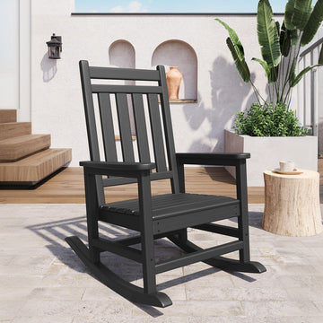 Garvee Silla Mecedora Adirondack de HDPE, Sillón de Jardín Resistente a la Intemperie con Respaldo Alto y Textura de Madera, Capacidad 172 kg Negro