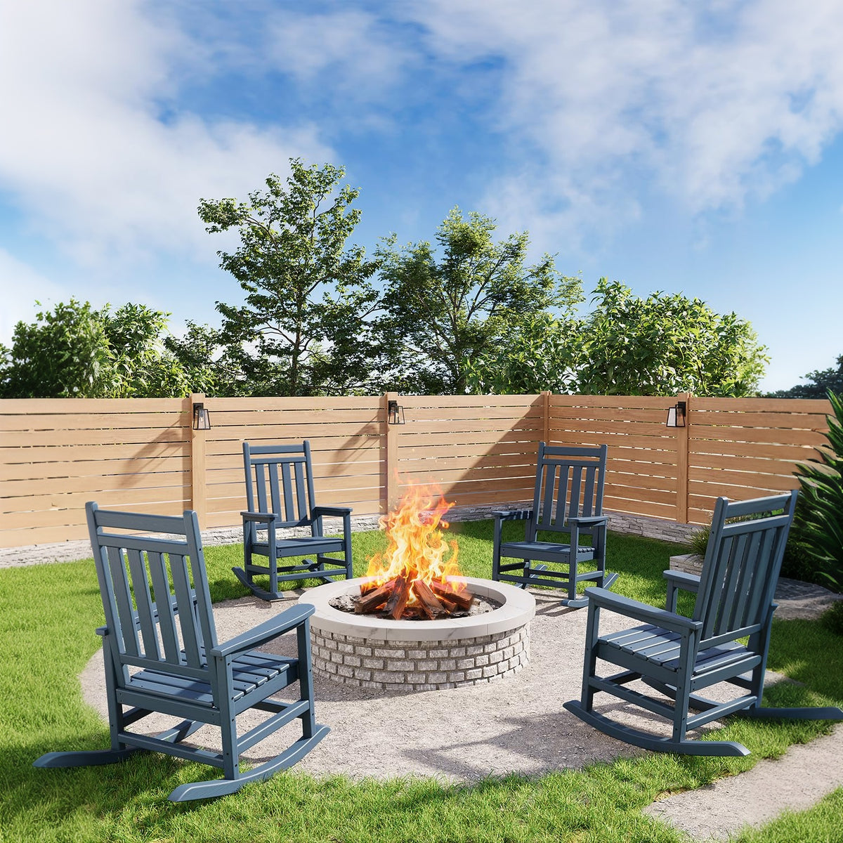 Garvee Silla Mecedora Exterior Poly Lumber - HDPE Resistente al Clima, Respaldo Alto, Soporta 172kg, Azul Marino para Patio