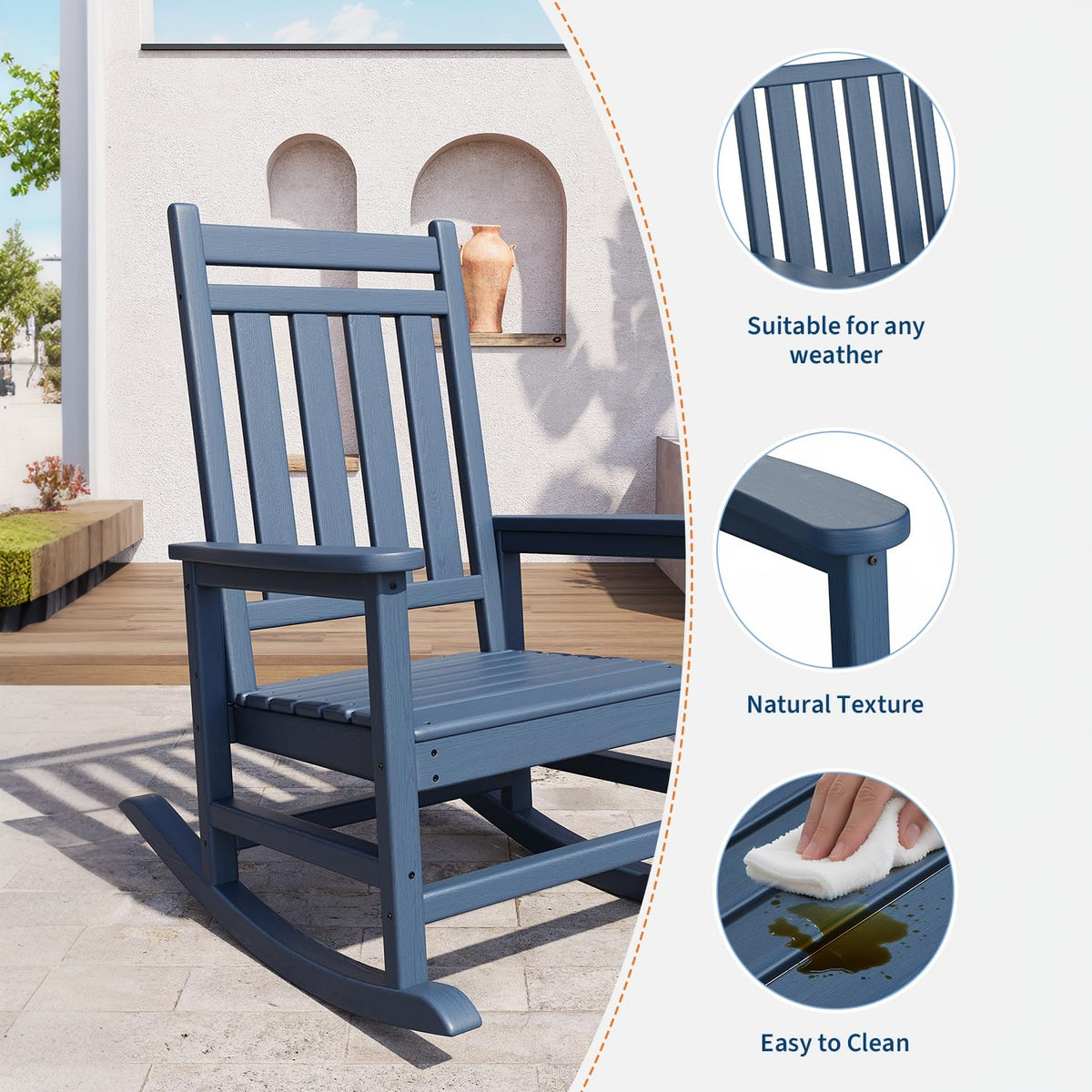 Garvee Silla Mecedora Exterior Poly Lumber - HDPE Resistente al Clima, Respaldo Alto, Soporta 172kg, Azul Marino para Patio