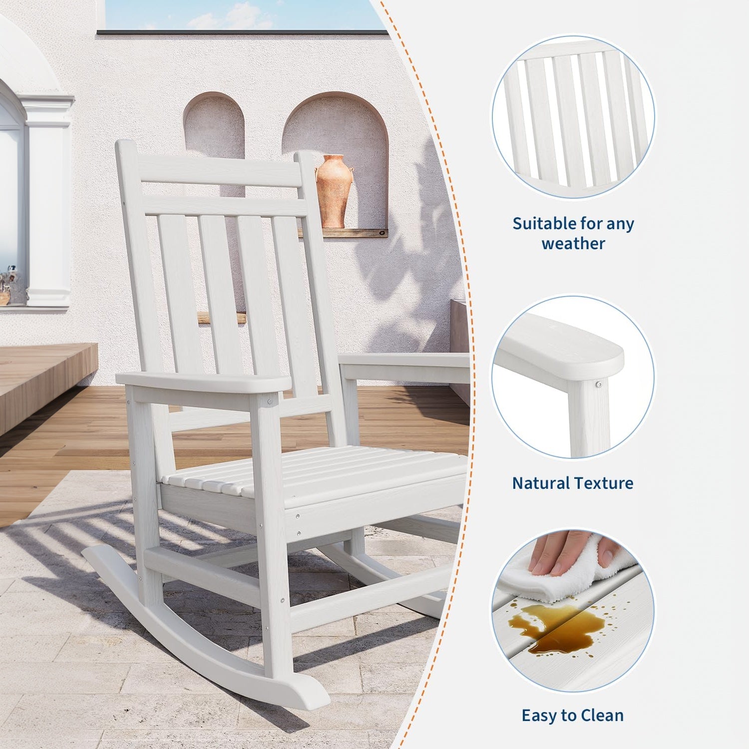 Garvee Silla Mecedora Adirondack de HDPE, Sillón de Jardín Resistente a la Intemperie con Respaldo Alto y Textura de Madera, Capacidad 172 kg Blanco