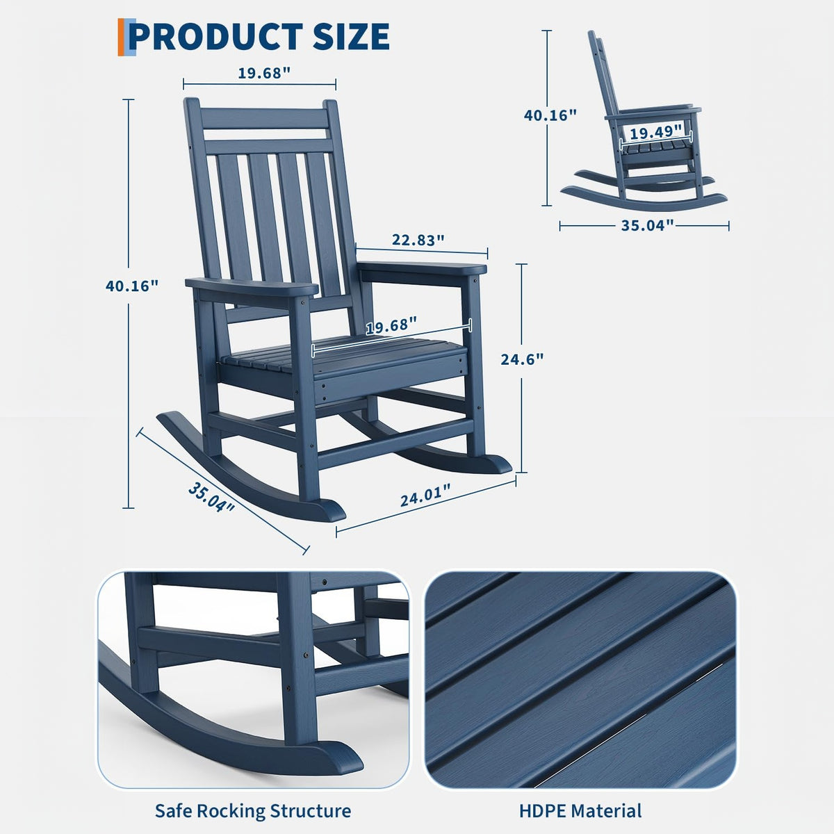 Garvee Silla Mecedora Exterior Poly Lumber - HDPE Resistente al Clima, Respaldo Alto, Soporta 172kg, Azul Marino para Patio