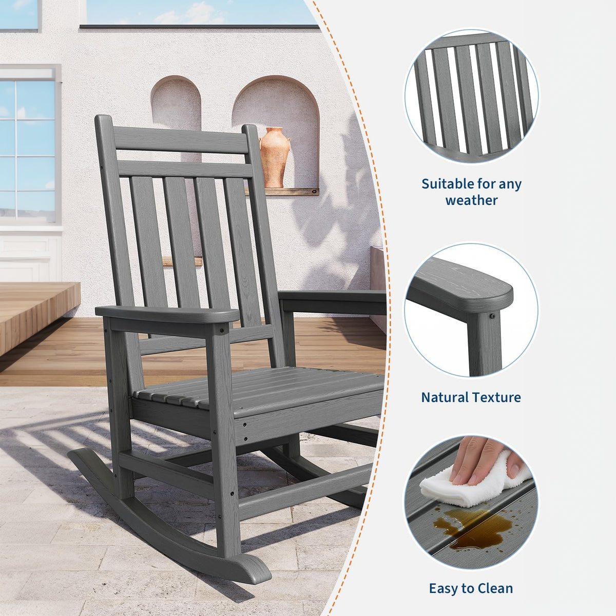 Garvee Silla Mecedora Poly Lumber para Exterior - HDPE Resistente a Todo Clima - Respaldo Alto y Base Estable - Gris - Ideal para Patio y Porche